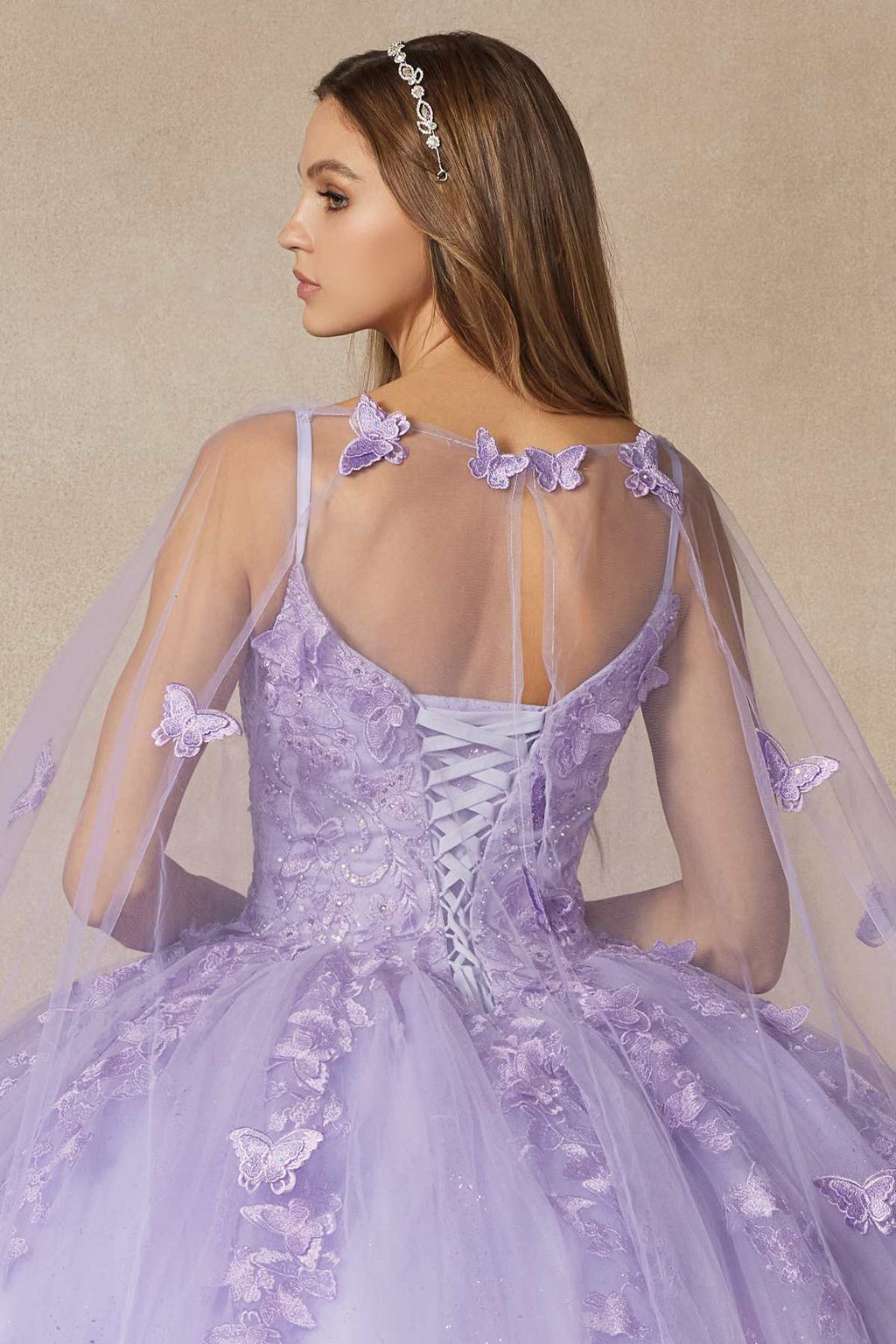 Juliet 1442 Long 3D Butterfly Appliques Strapless Bodice Cape Quinceanera Dress - Luzilly Bridal & Apparel