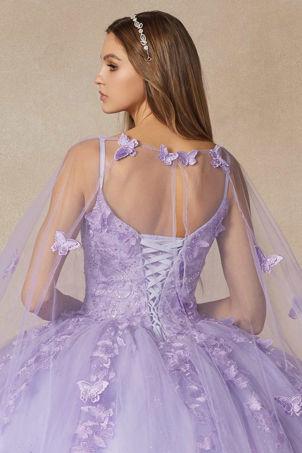 Juliet 1442 Long 3D Butterfly Appliques Strapless Bodice Cape Quinceanera Dress - Luzilly Bridal & Apparel