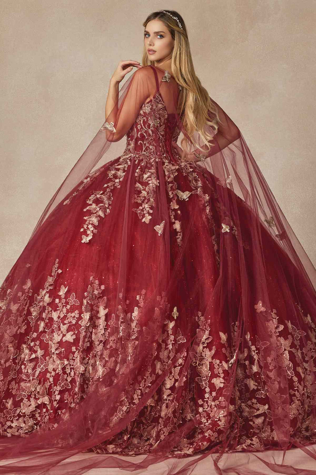 Juliet 1442 Long 3D Butterfly Appliques Strapless Bodice Cape Quinceanera Dress - Luzilly Bridal & Apparel