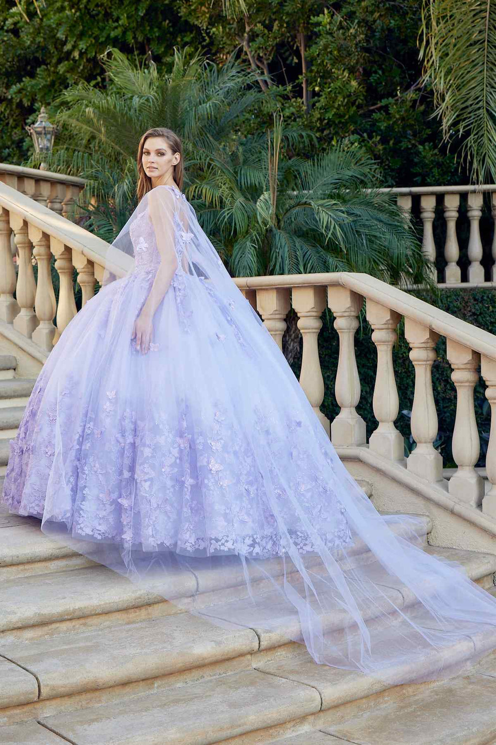 Juliet 1442 Long 3D Butterfly Appliques Strapless Bodice Cape Quinceanera Dress - Luzilly Bridal & Apparel