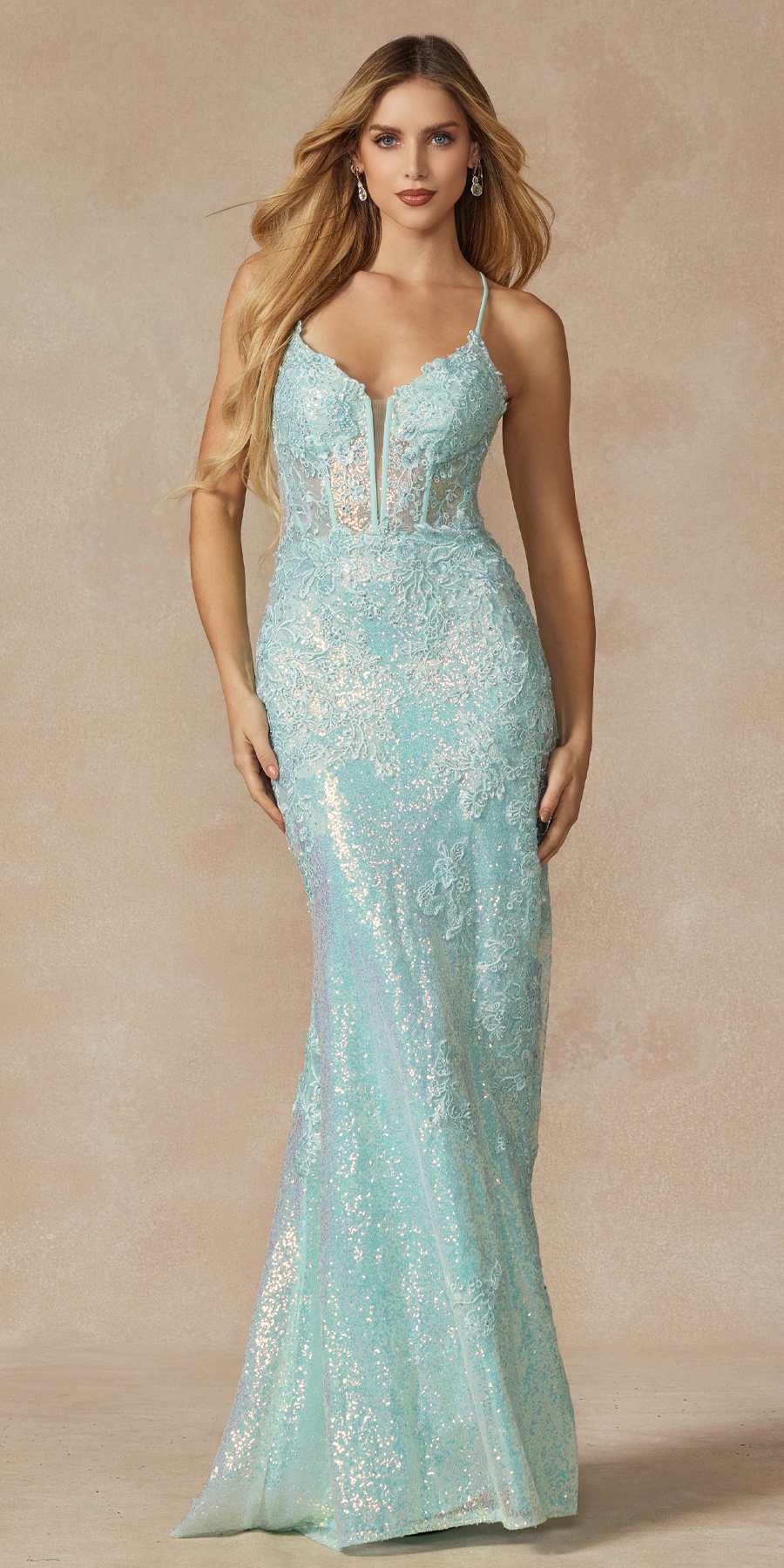 Juliet 2405 Machine Sequin Lace Embellishments High Slit Prom Gown - Luzilly Bridal & Apparel