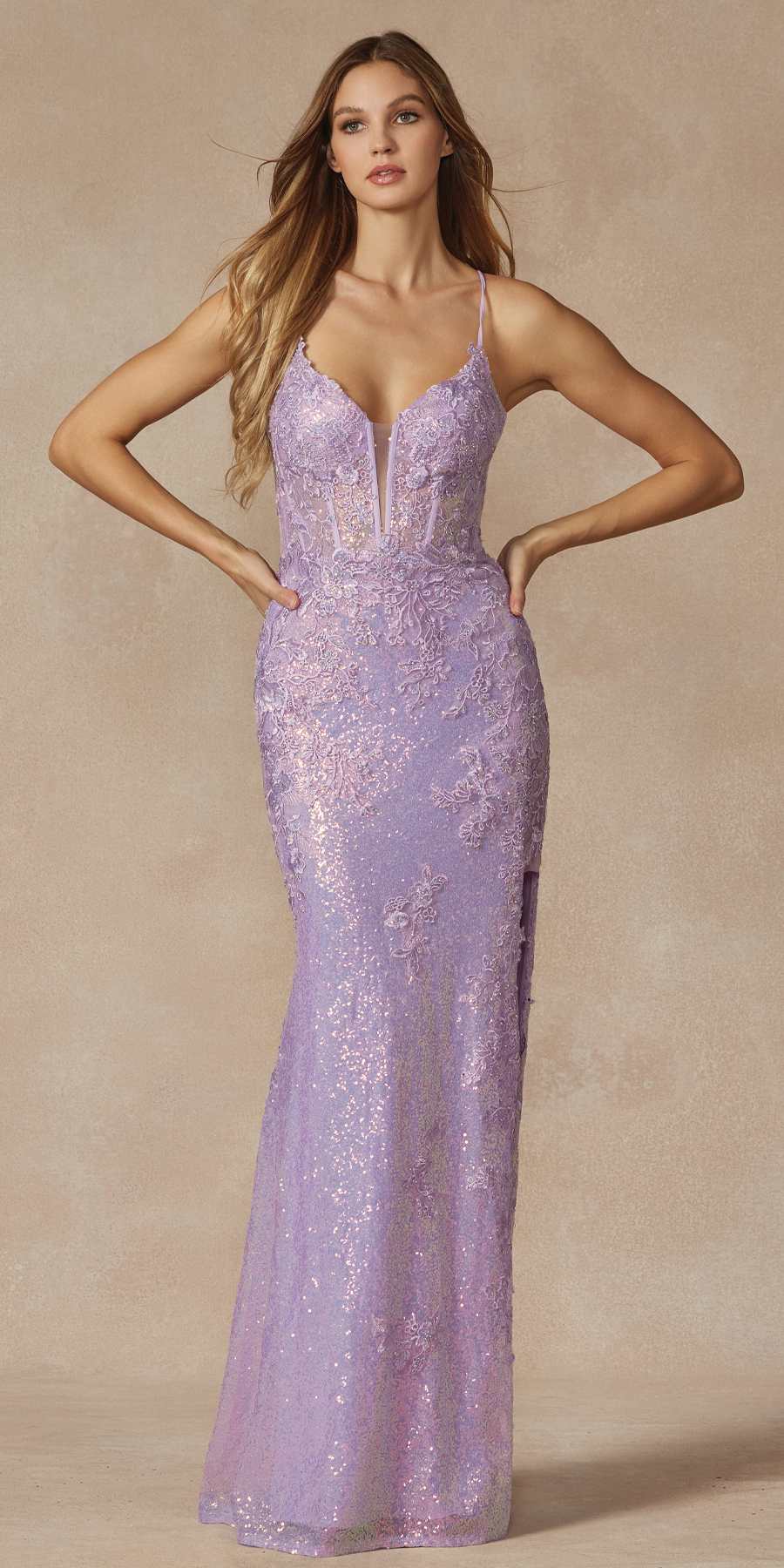 Juliet 2405 Machine Sequin Lace Embellishments High Slit Prom Gown - Luzilly Bridal & Apparel