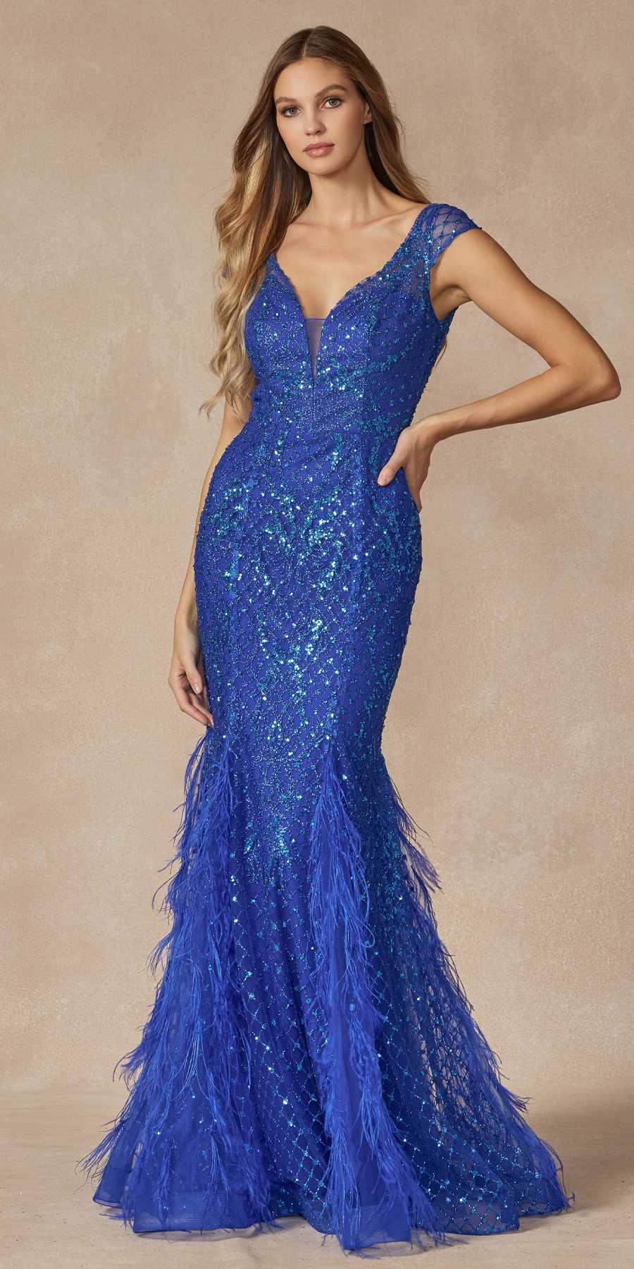 Juliet 286 Floor Length Feather Skirt Embellished Fitted Prom Dress - Luzilly Bridal & Apparel