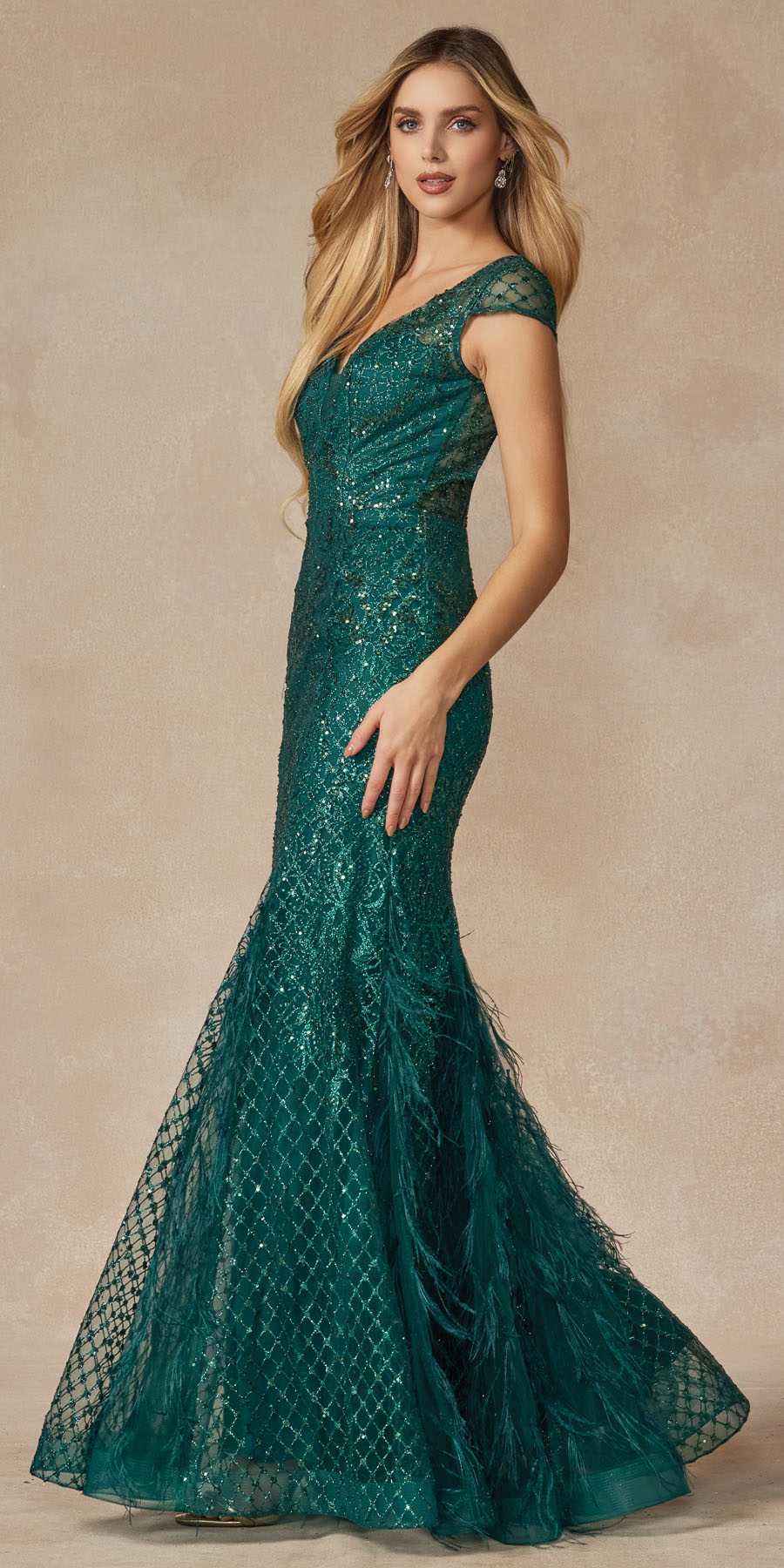 Juliet 286 Floor Length Feather Skirt Embellished Fitted Prom Dress - Luzilly Bridal & Apparel