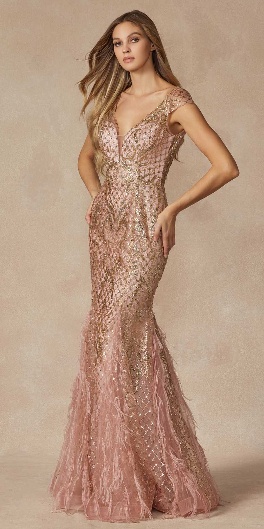 Juliet 286 Floor Length Feather Skirt Embellished Fitted Prom Dress - Luzilly Bridal & Apparel