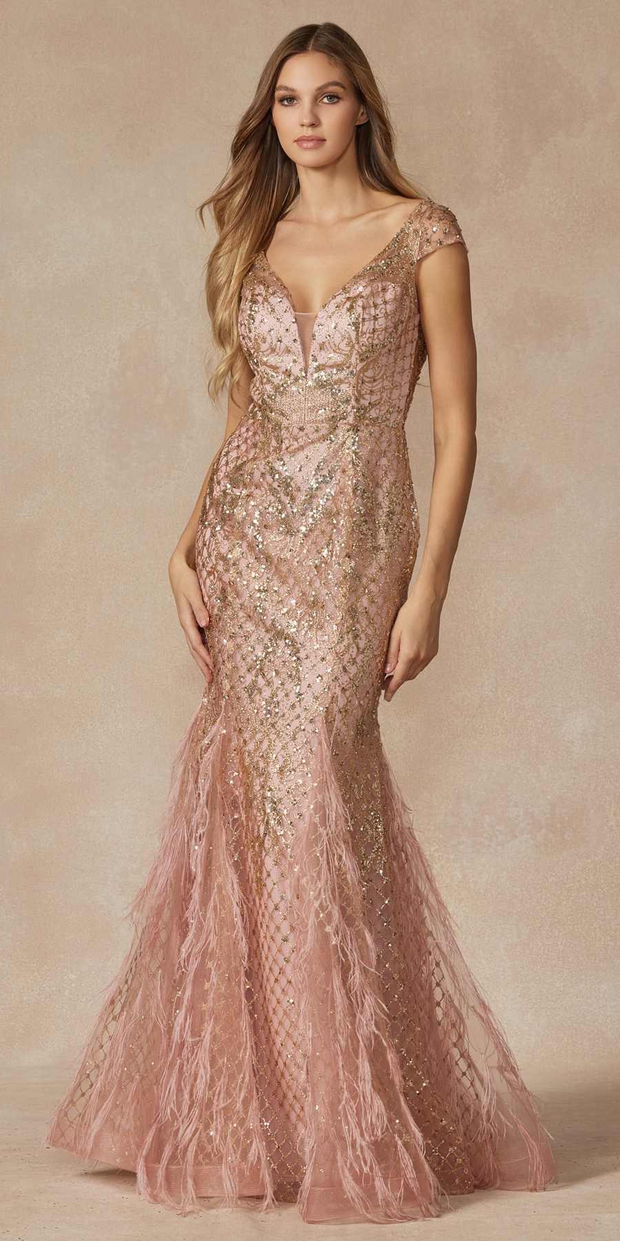 Juliet 286 Floor Length Feather Skirt Embellished Fitted Prom Dress - Luzilly Bridal & Apparel