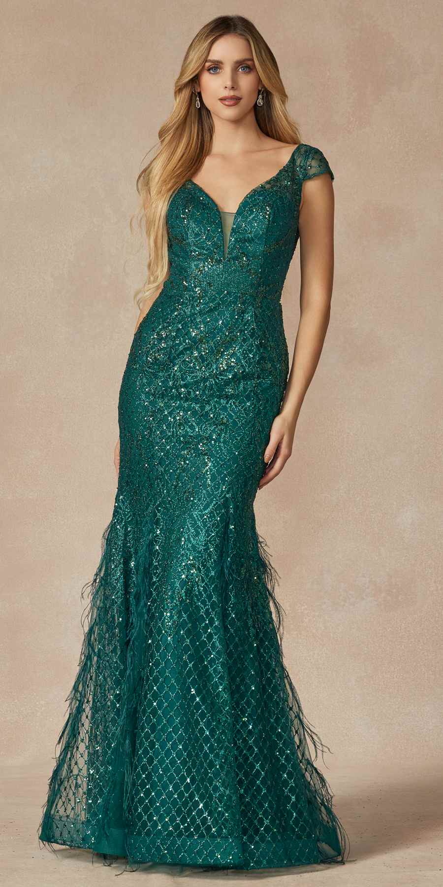 Juliet 286 Floor Length Feather Skirt Embellished Fitted Prom Dress - Luzilly Bridal & Apparel