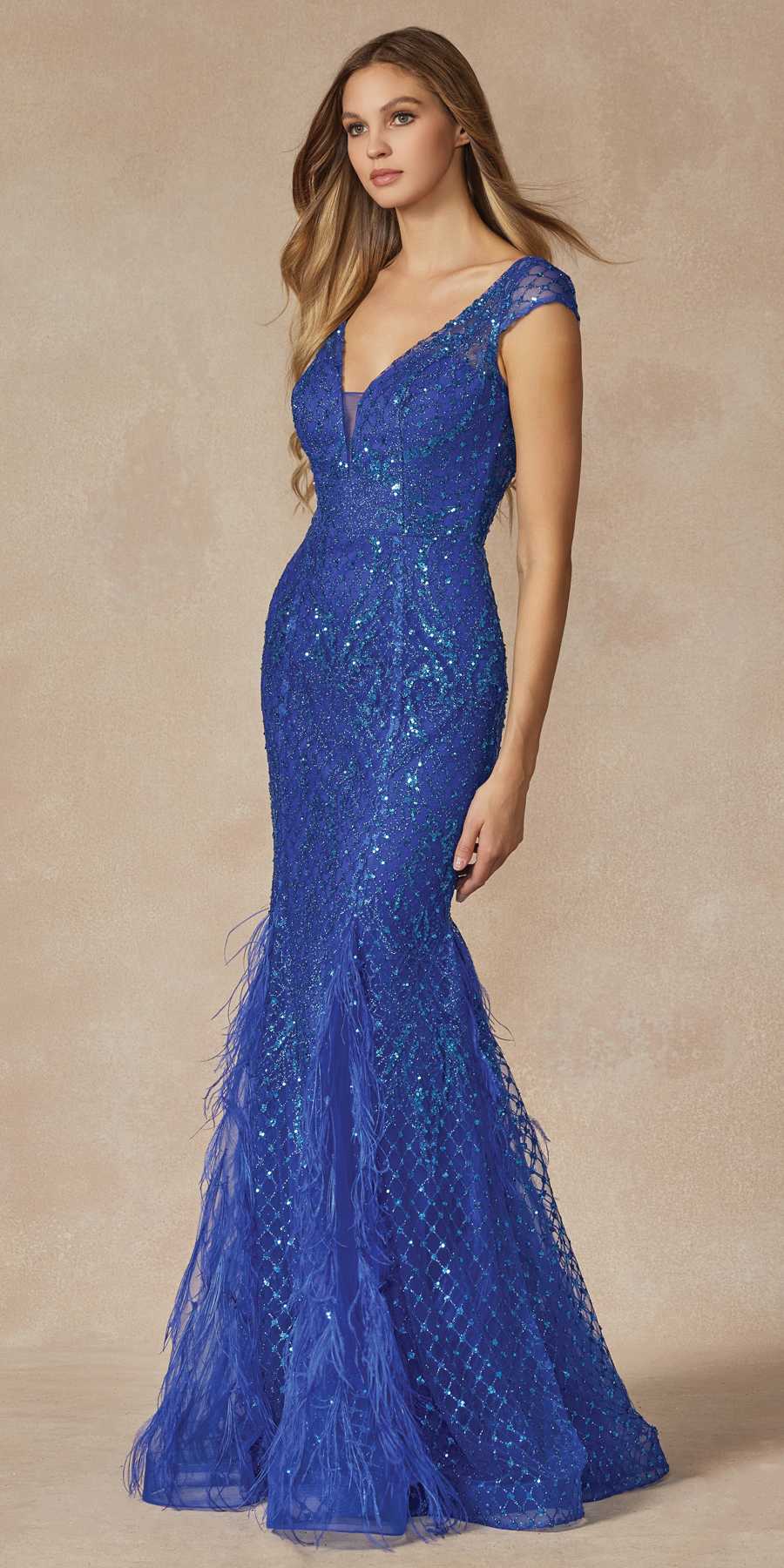 Juliet 286 Floor Length Feather Skirt Embellished Fitted Prom Dress - Luzilly Bridal & Apparel