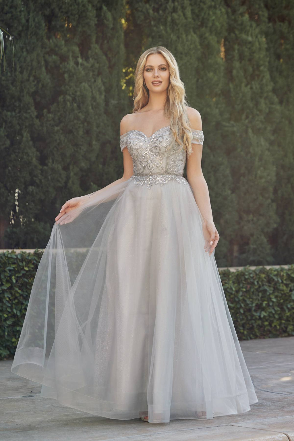 Juliet 287 Long Off the Shoulder Beaded Top A-Line Prom Dress - Luzilly Bridal & Apparel
