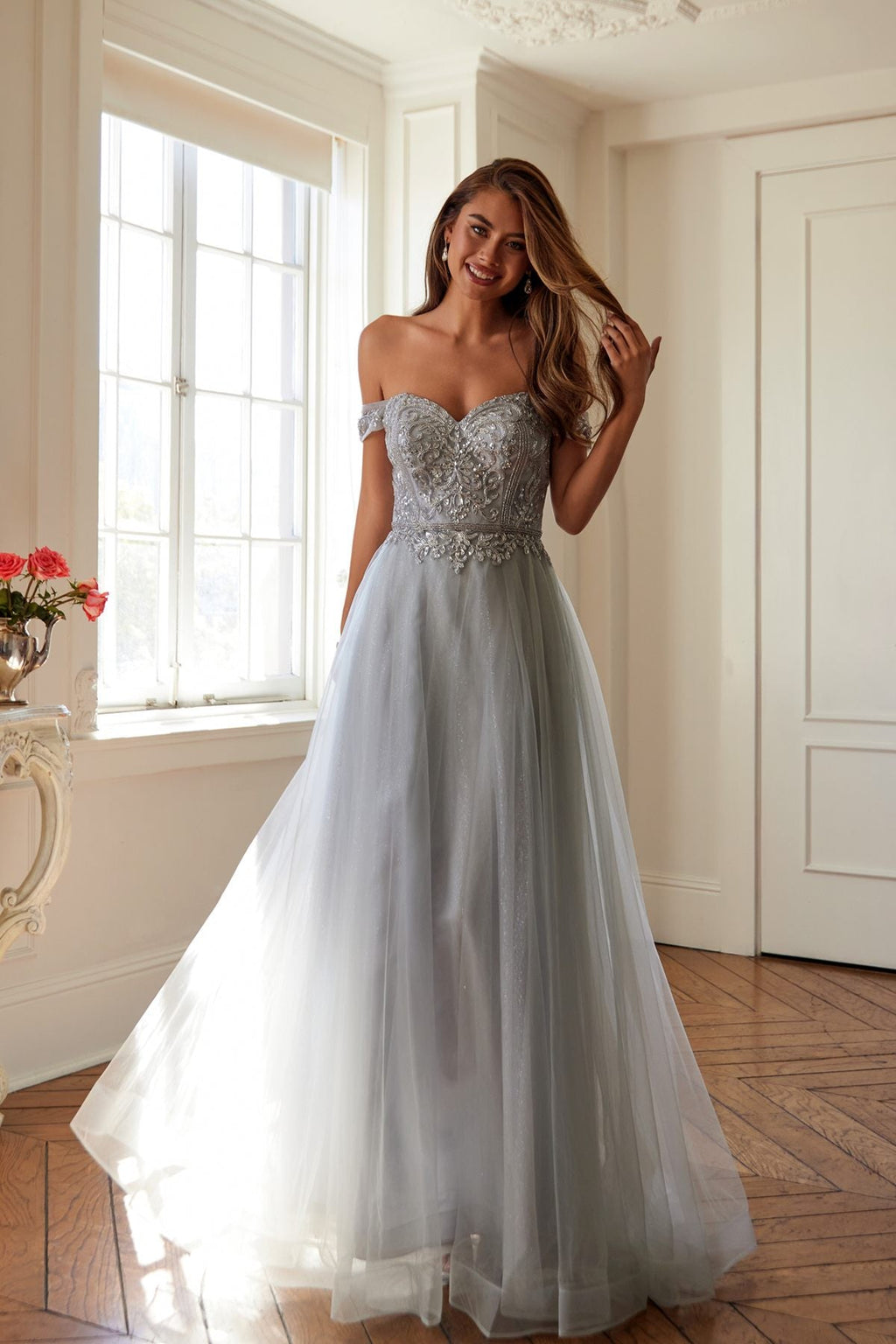 Juliet 287 Long Off the Shoulder Beaded Top A-Line Prom Dress - Luzilly Bridal & Apparel