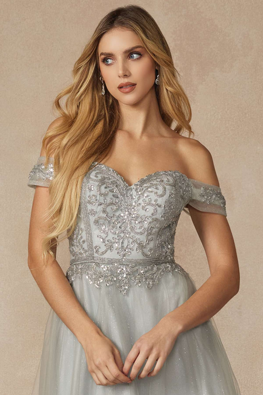 Juliet 287 Long Off the Shoulder Beaded Top A-Line Prom Dress - Luzilly Bridal & Apparel