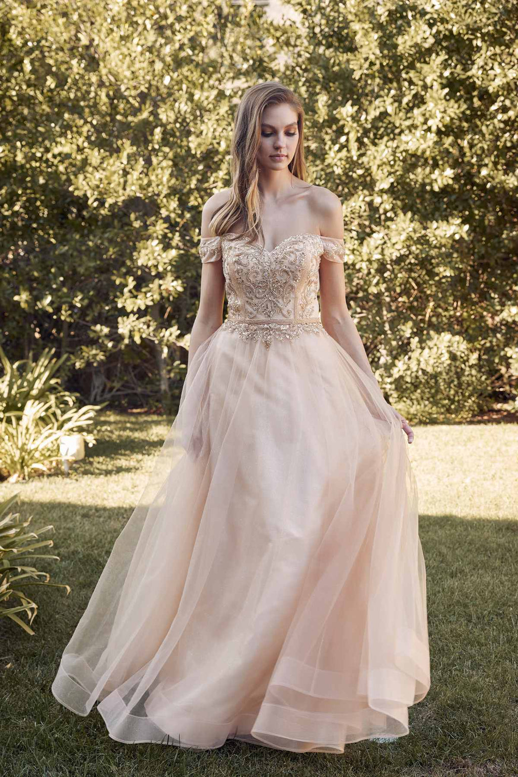 Juliet 287 Long Off the Shoulder Beaded Top A-Line Prom Dress - Luzilly Bridal & Apparel