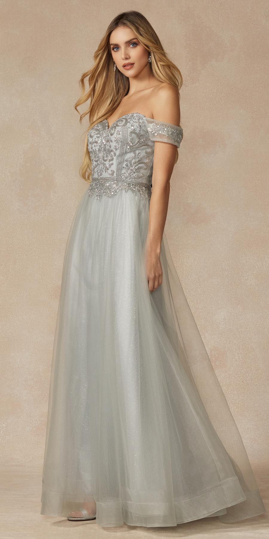 Juliet 287 Long Off the Shoulder Beaded Top A-Line Prom Dress - Luzilly Bridal & Apparel