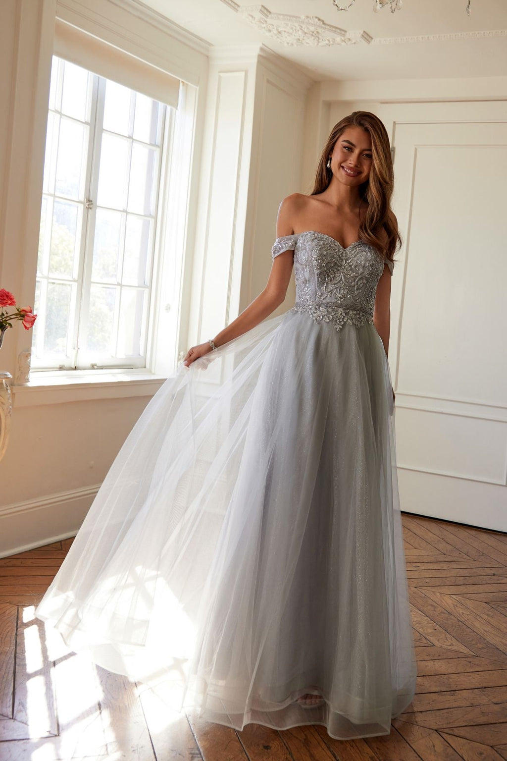 Juliet 287 Long Off the Shoulder Beaded Top A-Line Prom Dress - Luzilly Bridal & Apparel