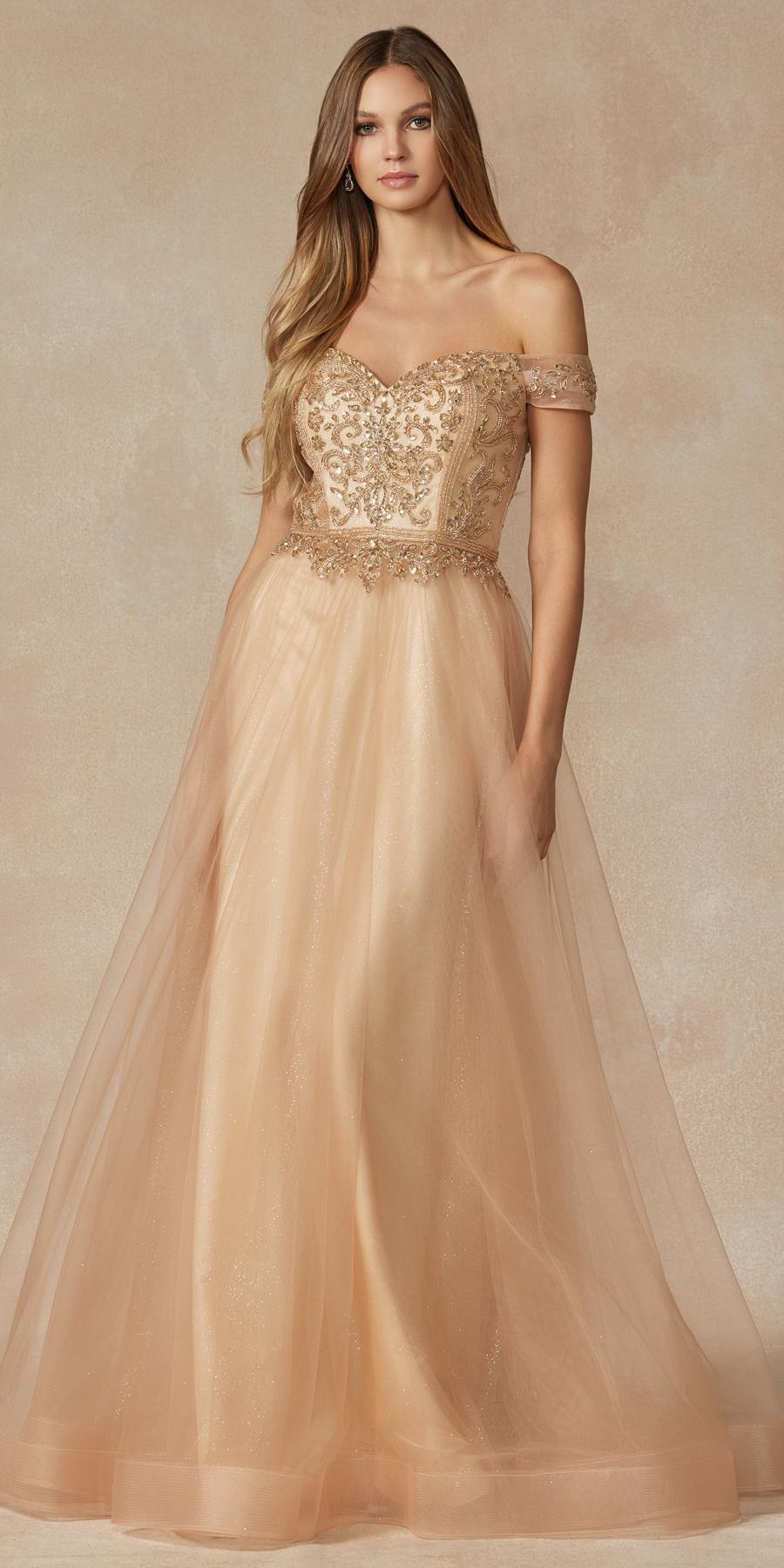 Juliet 287 Long Off the Shoulder Beaded Top A-Line Prom Dress - Luzilly Bridal & Apparel