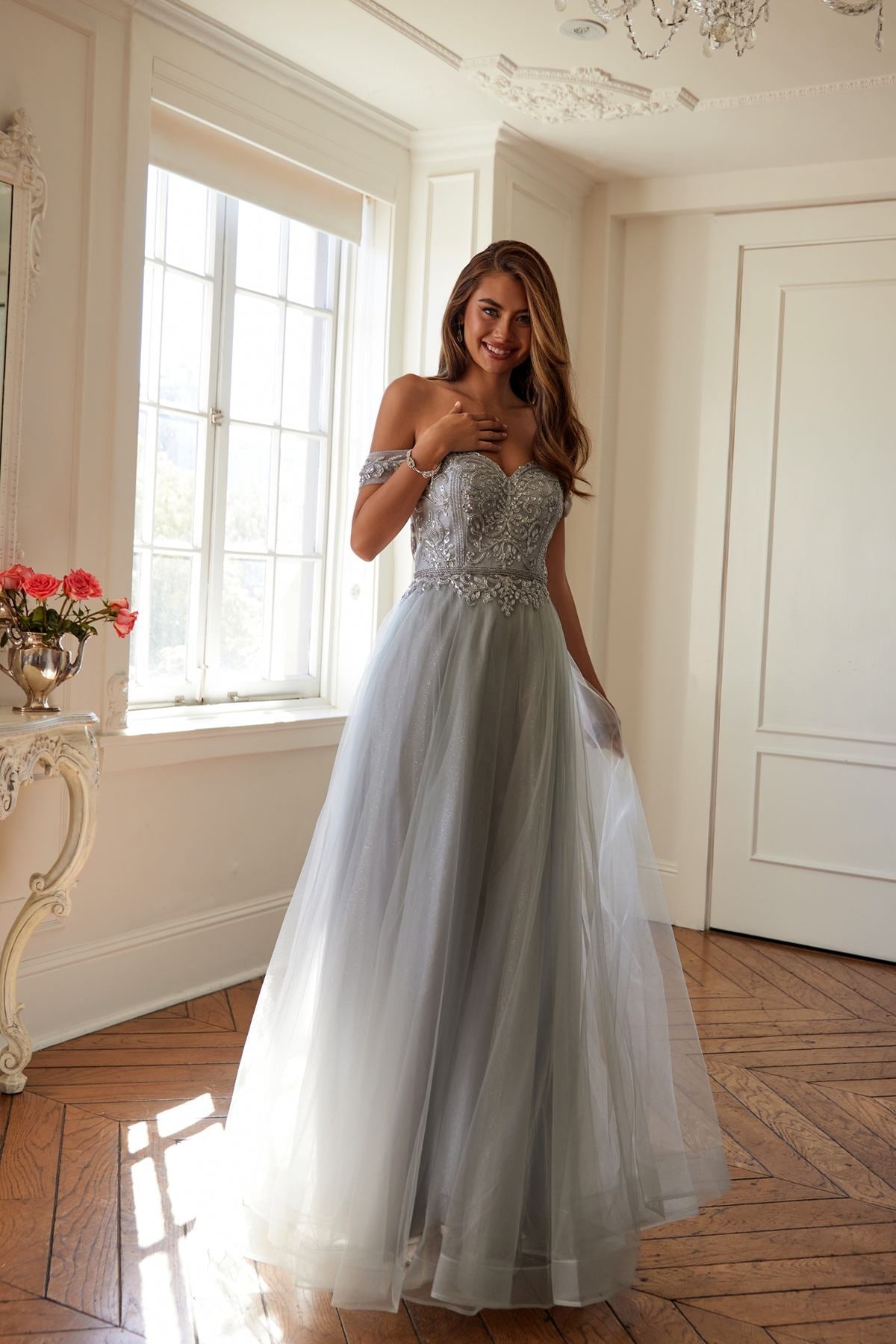 Juliet 287 Long Off the Shoulder Beaded Top A-Line Prom Dress - Luzilly Bridal & Apparel