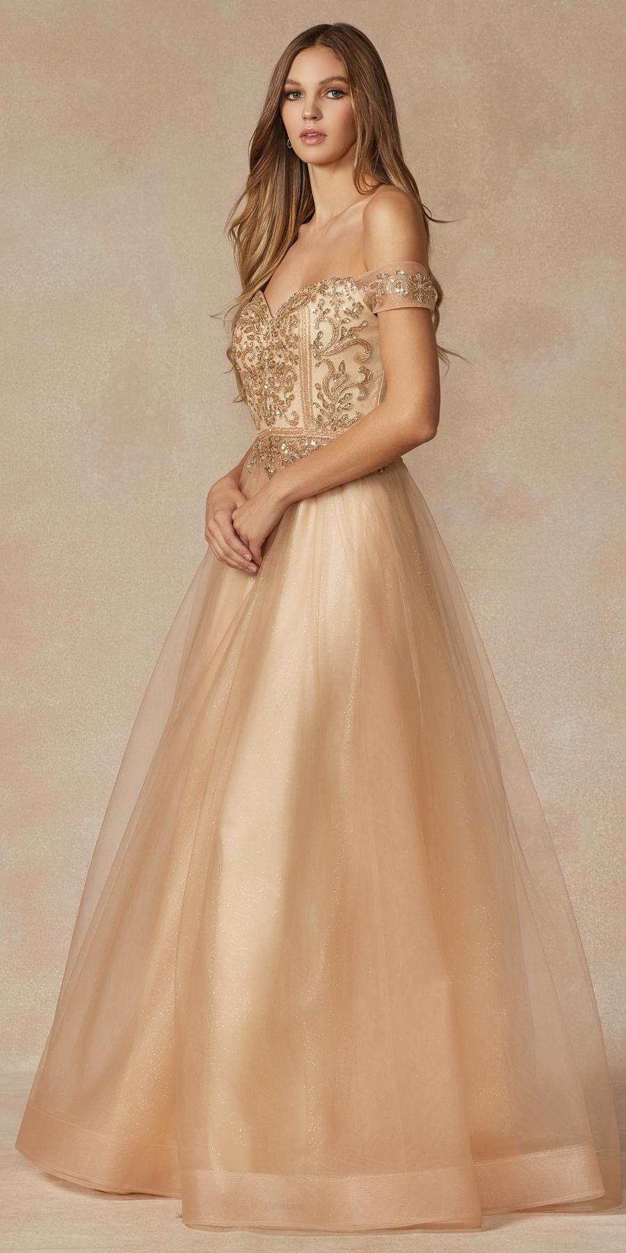 Juliet 287 Long Off the Shoulder Beaded Top A-Line Prom Dress - Luzilly Bridal & Apparel