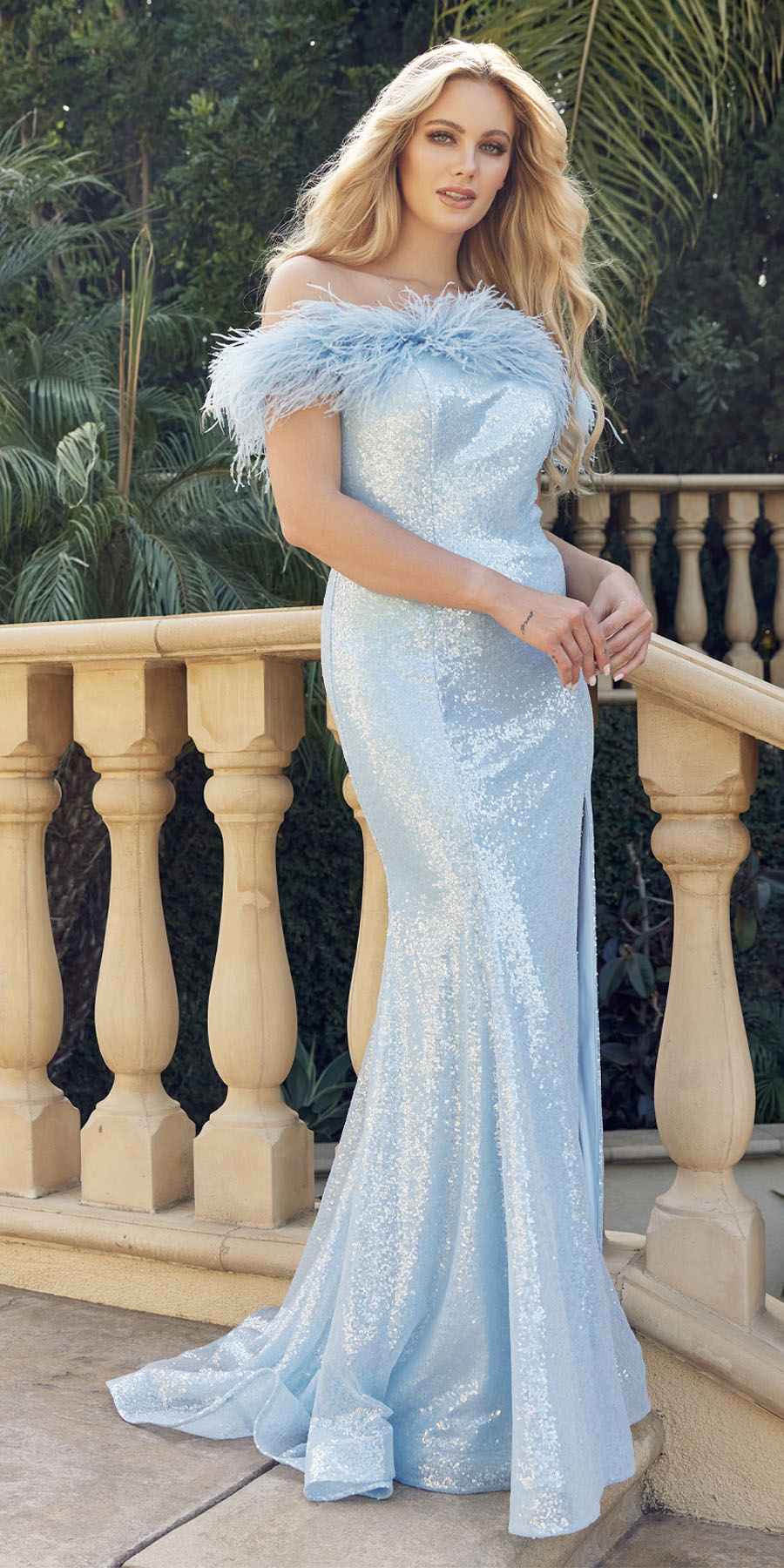 Juliet 292 Long Feather Neckline Off the Shoulder High Slit Prom Gown - Luzilly Bridal & Apparel