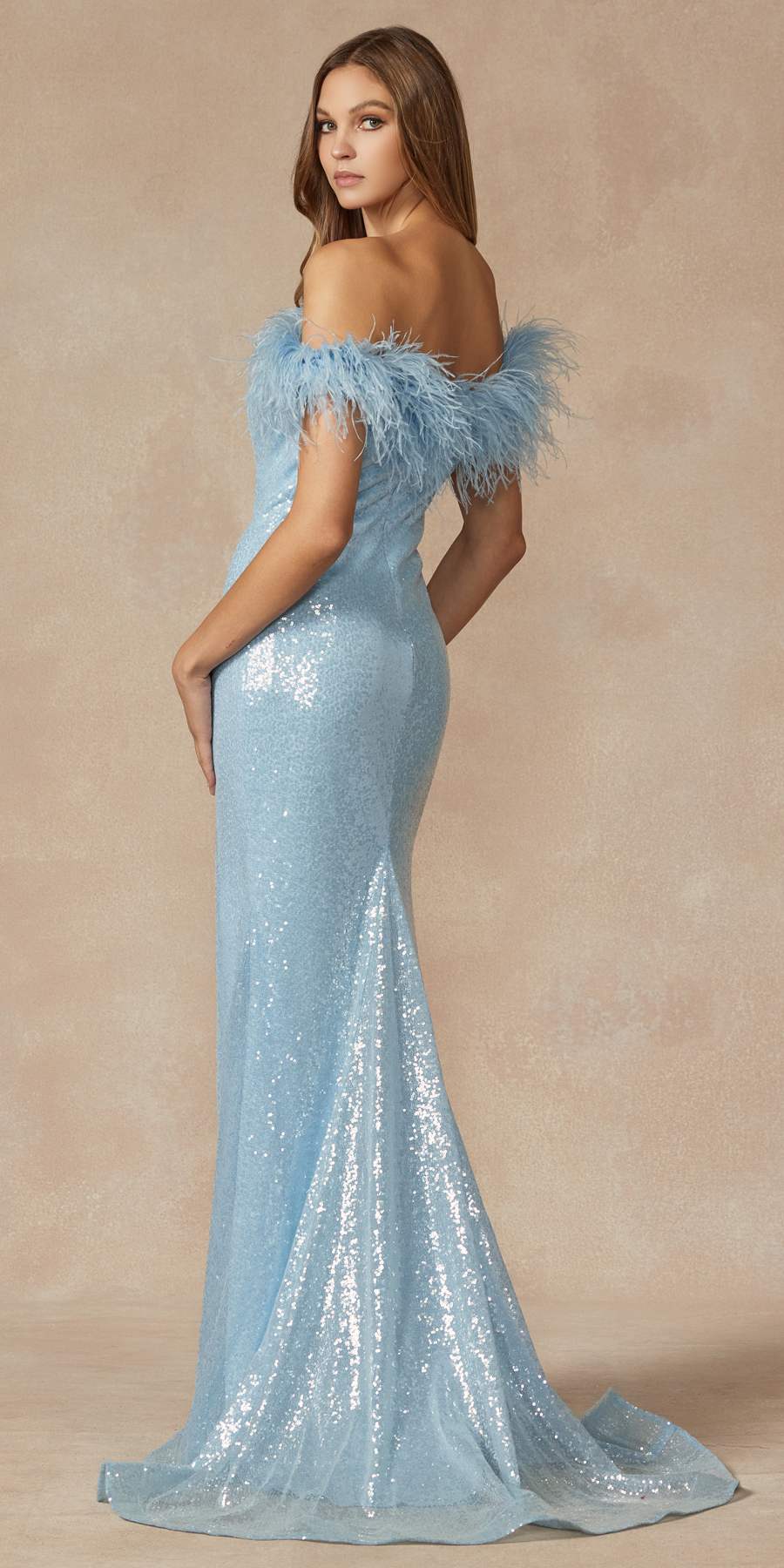 Juliet 292 Long Feather Neckline Off the Shoulder High Slit Prom Gown - Luzilly Bridal & Apparel
