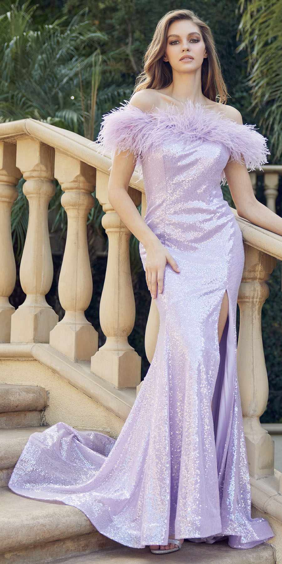 Juliet 292 Long Feather Neckline Off the Shoulder High Slit Prom Gown - Luzilly Bridal & Apparel