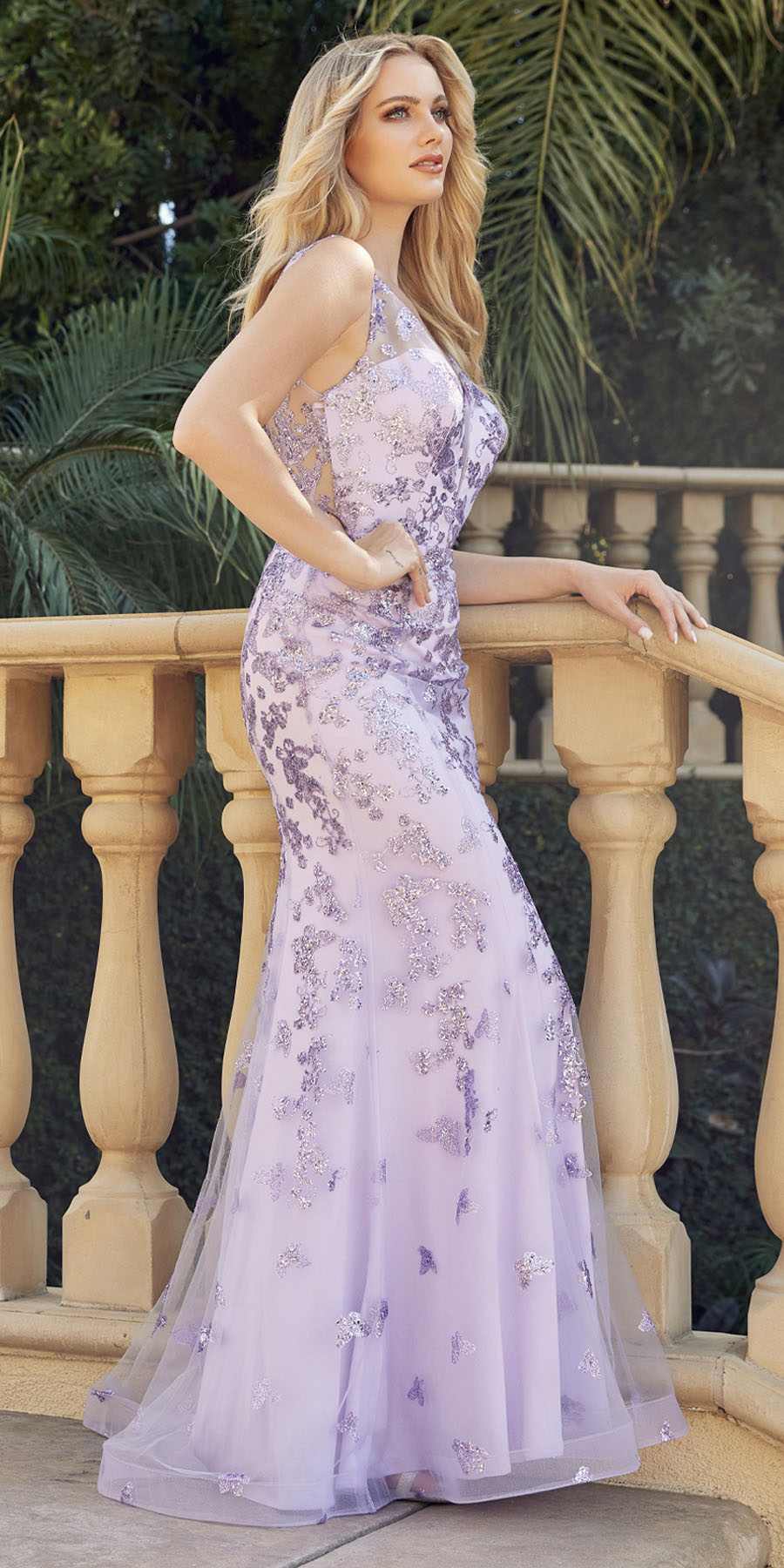 Juliet 294 Long Butterfly Appliques Low V-Neck Prom Dress - Luzilly Bridal & Apparel