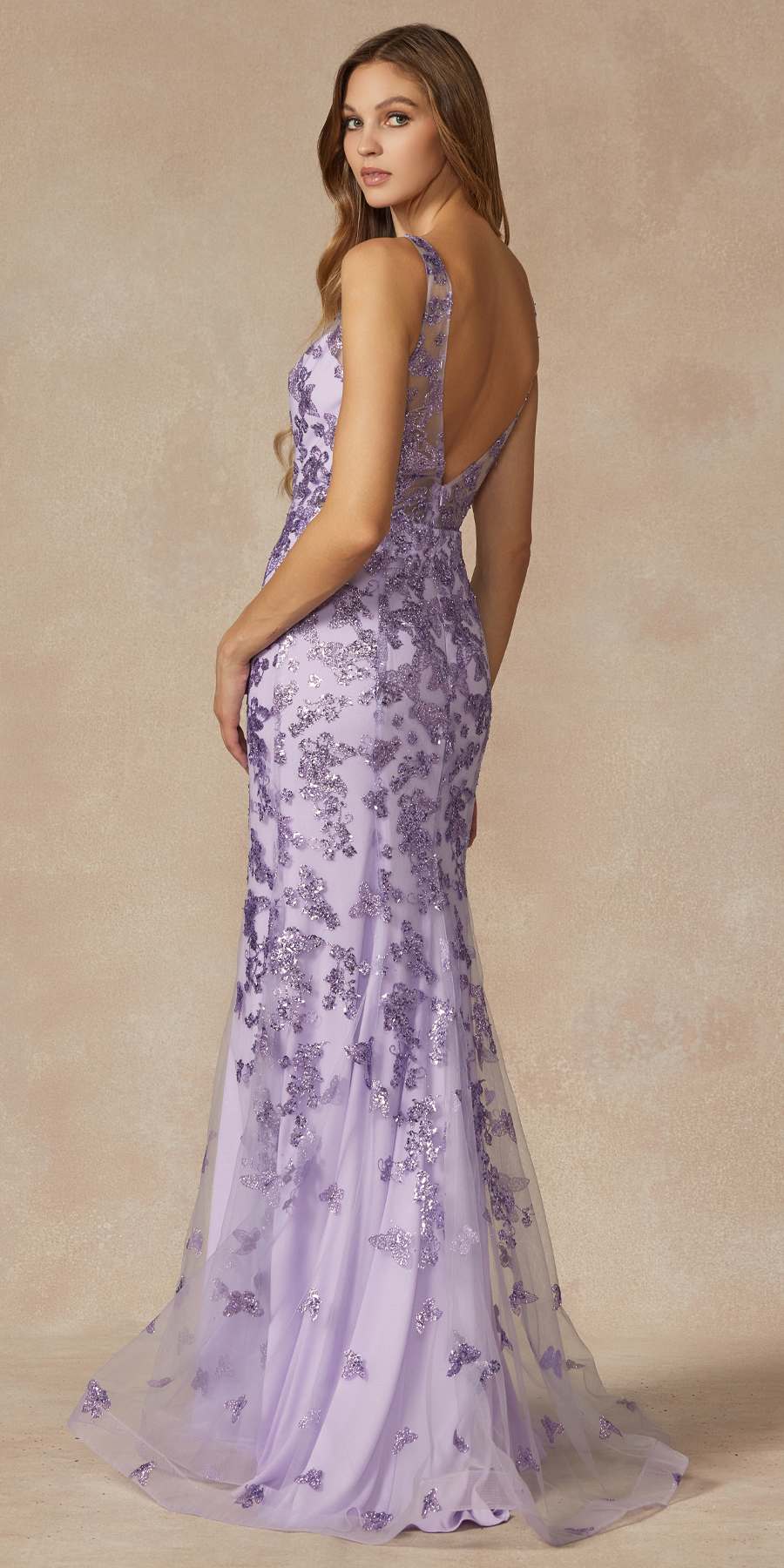 Juliet 294 Long Butterfly Appliques Low V-Neck Prom Dress - Luzilly Bridal & Apparel