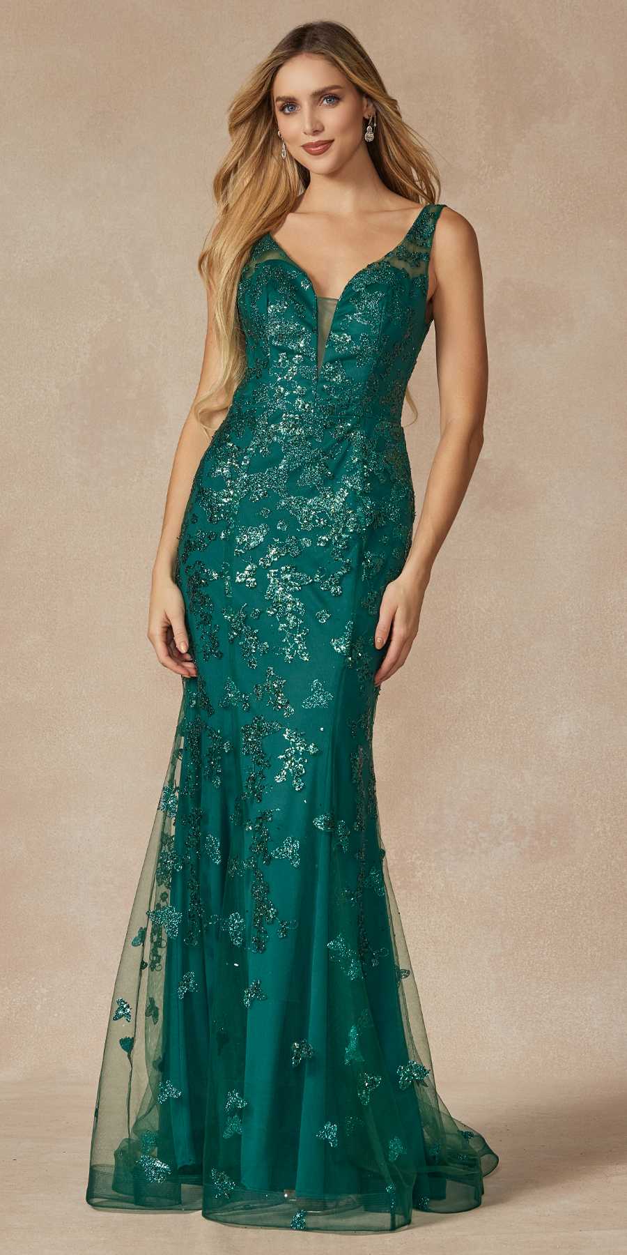Juliet 294 Long Butterfly Appliques Low V-Neck Prom Dress - Luzilly Bridal & Apparel