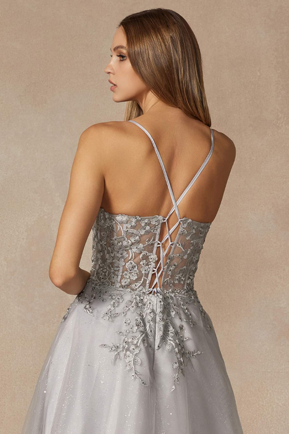 Juliet 295 Floor Length Leaf Lace Gown Corset Bodice Prom Gown - Luzilly Bridal & Apparel