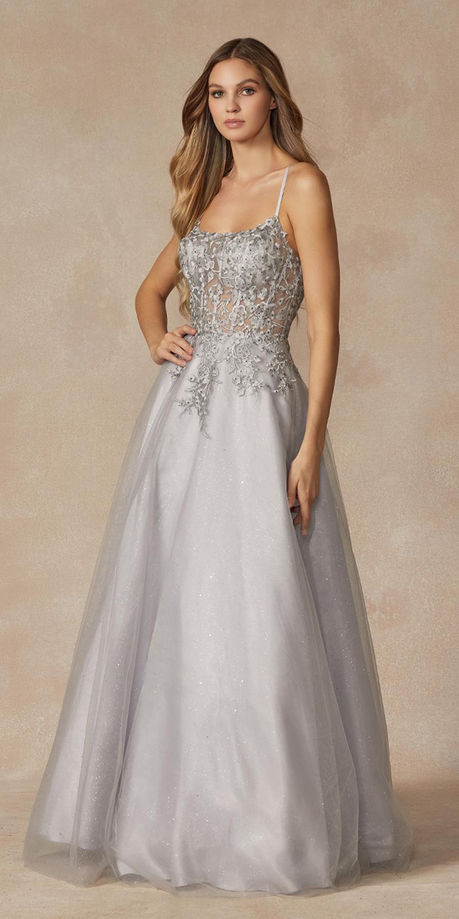 Juliet 295 Floor Length Leaf Lace Gown Corset Bodice Prom Gown - Luzilly Bridal & Apparel