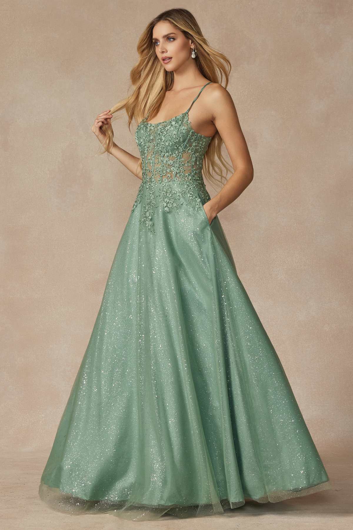Juliet 295 Floor Length Leaf Lace Gown Corset Bodice Prom Gown - Luzilly Bridal & Apparel