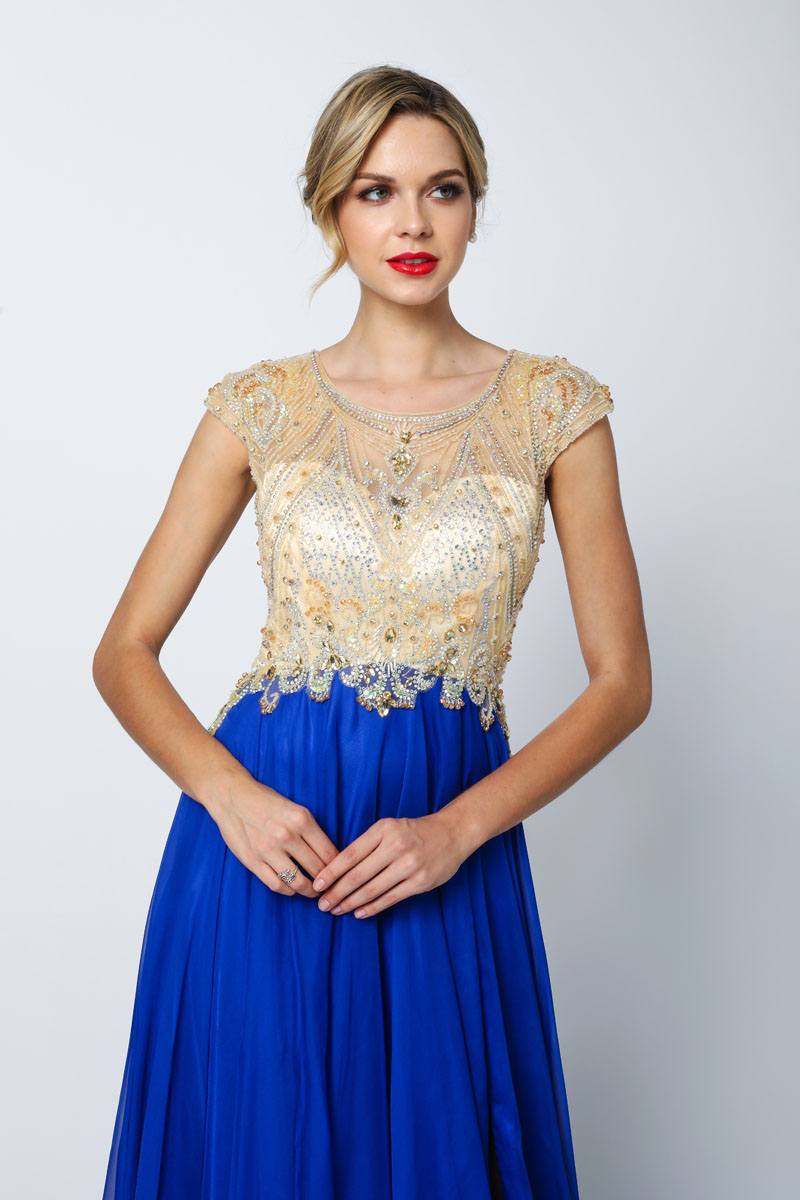 Juliet 636 Beaded Bodice Cap Sleeve Prom Gown with Slit and Train - Luzilly Bridal & Apparel