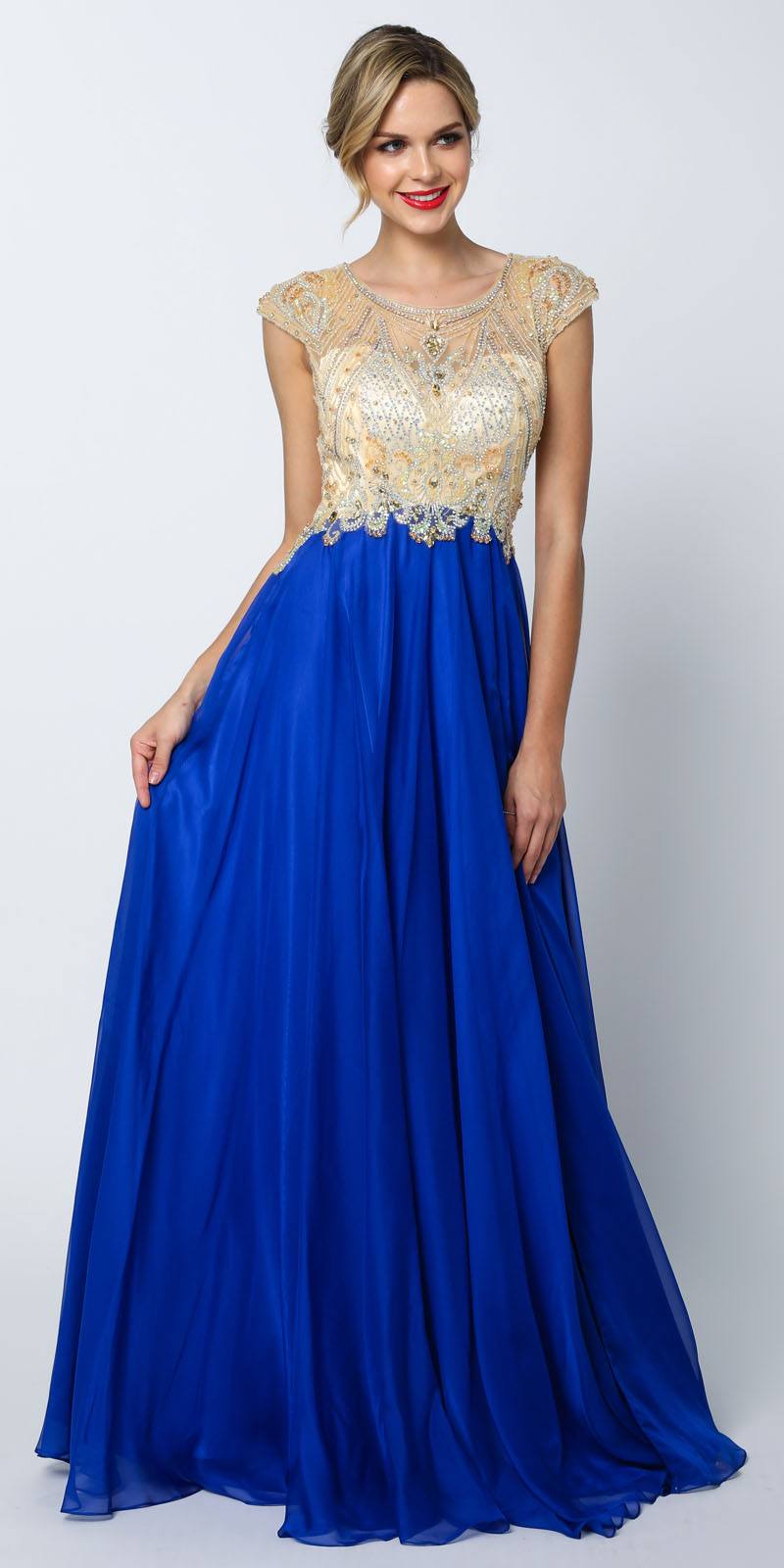 Juliet 636 Beaded Bodice Cap Sleeve Prom Gown with Slit and Train - Luzilly Bridal & Apparel