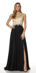 Juliet 636 Beaded Bodice Cap Sleeve Prom Gown with Slit and Train - Luzilly Bridal & Apparel