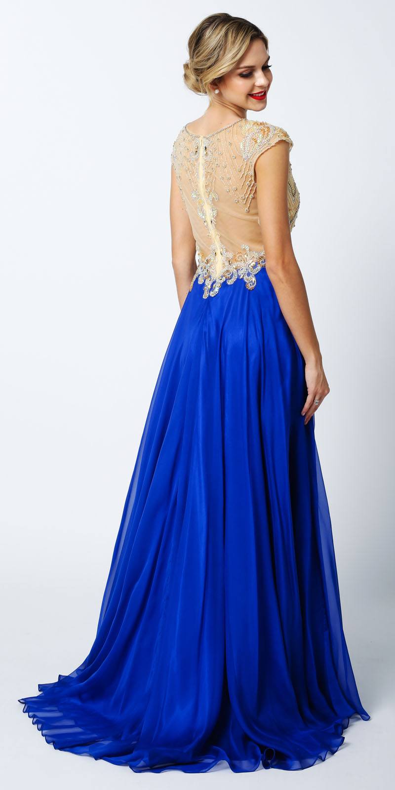 Juliet 636 Beaded Bodice Cap Sleeve Prom Gown with Slit and Train - Luzilly Bridal & Apparel