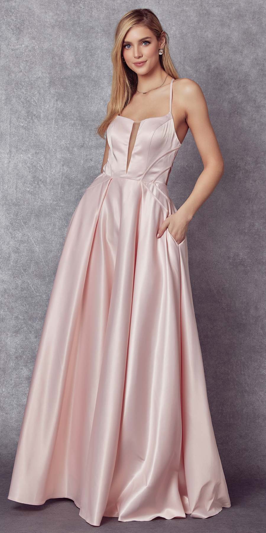 Juliet 687 Long Shiny Satin A-line Prom Gown with Pockets - Luzilly Bridal & Apparel