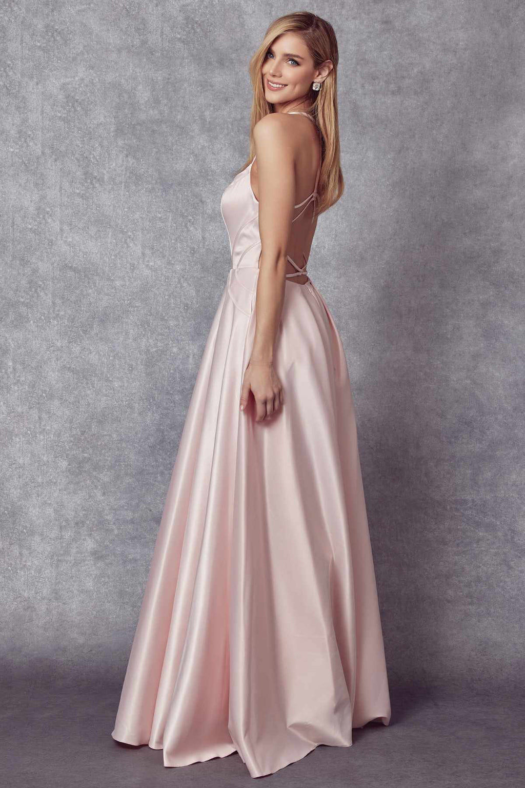 Juliet 687 Long Shiny Satin A-line Prom Gown with Pockets - Luzilly Bridal & Apparel