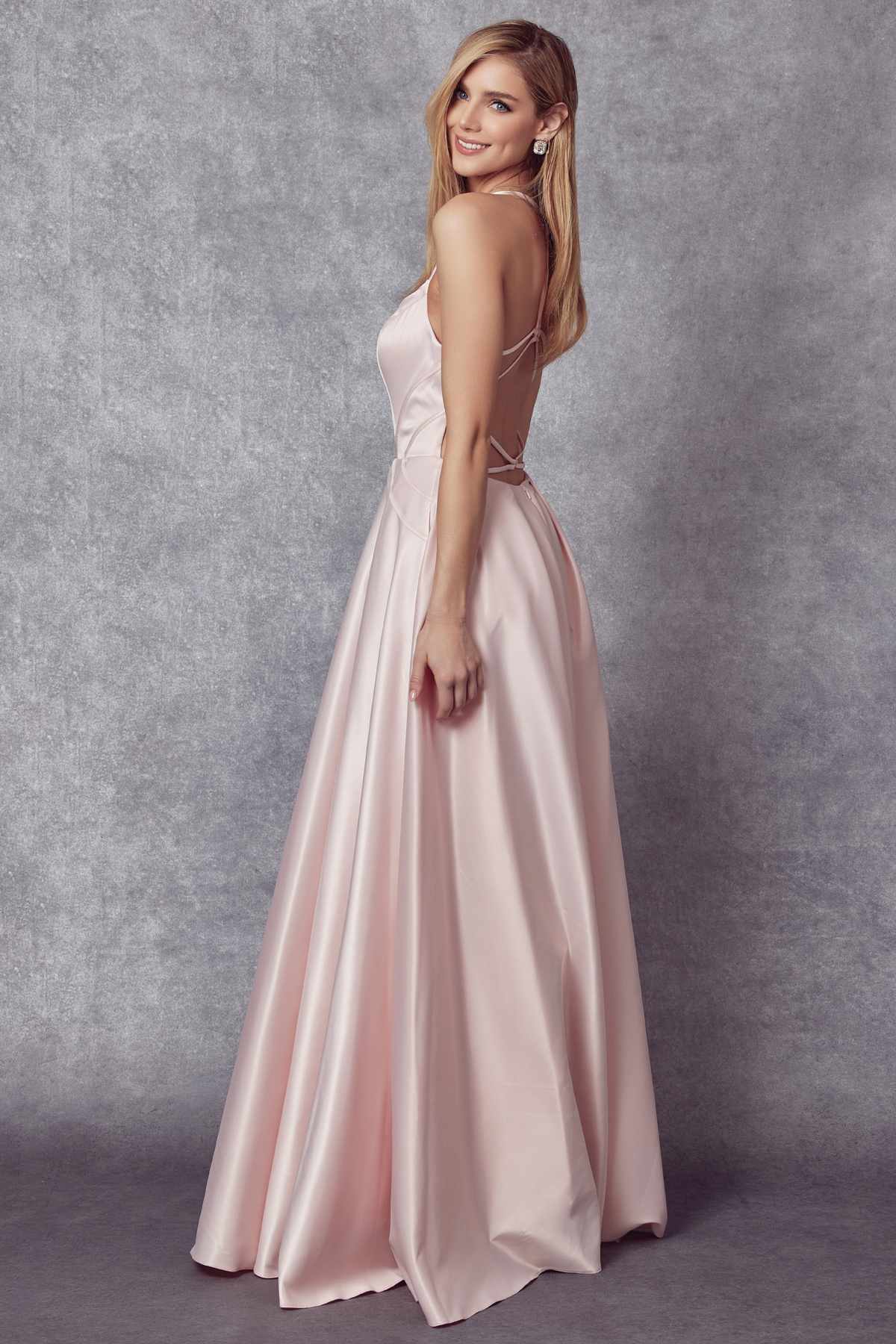 Juliet 687 Long Shiny Satin A-line Prom Gown with Pockets - Luzilly Bridal & Apparel