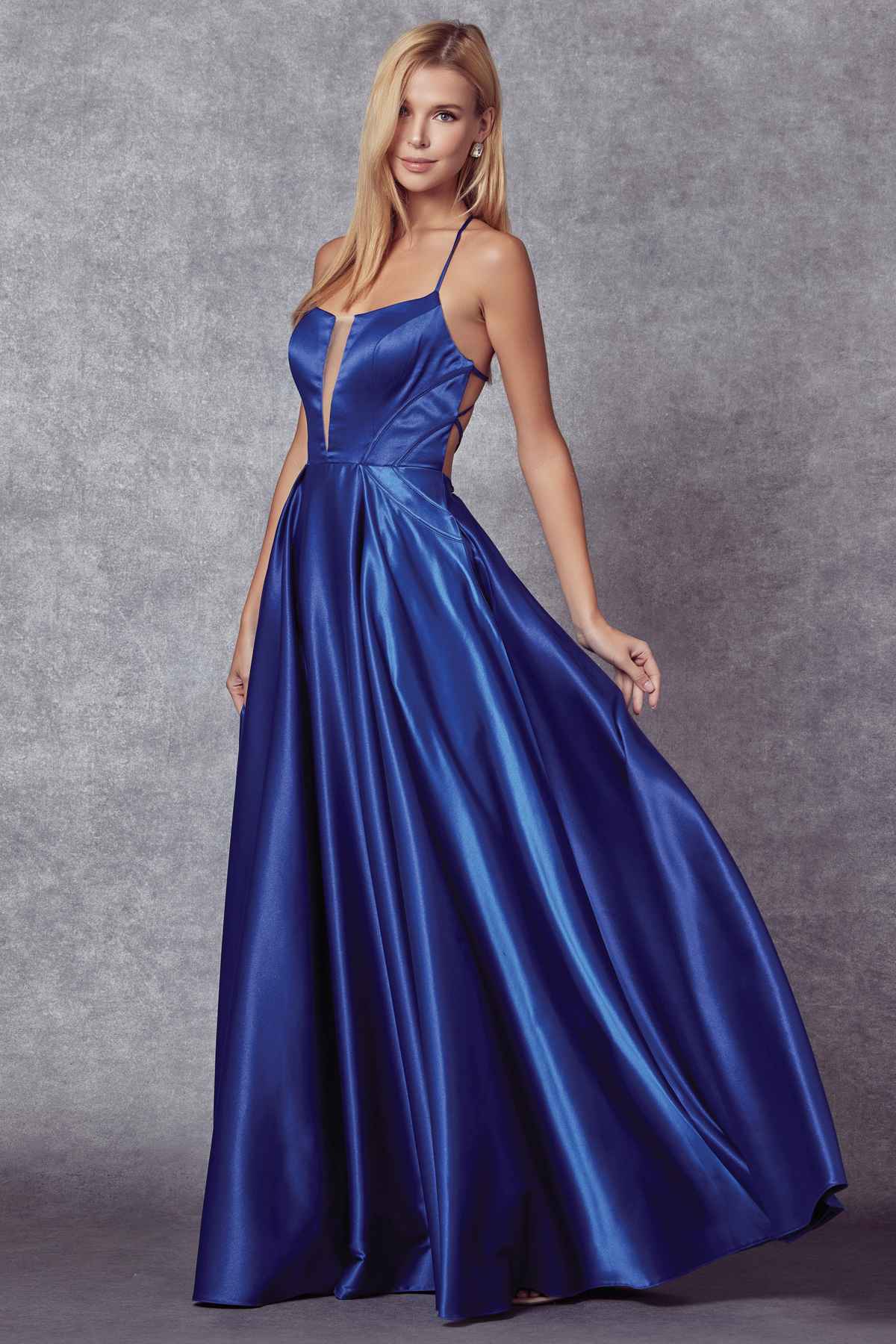Juliet 687 Long Shiny Satin A-line Prom Gown with Pockets - Luzilly Bridal & Apparel