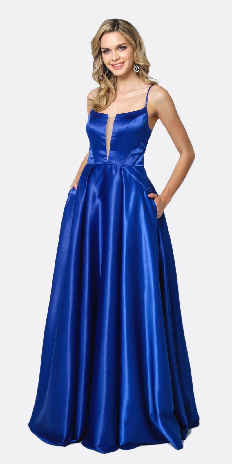 Juliet 687 Long Shiny Satin A-line Prom Gown with Pockets - Luzilly Bridal & Apparel