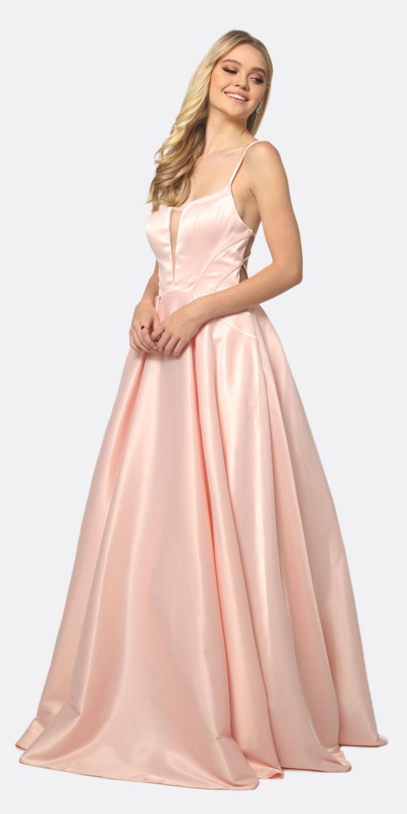 Juliet 687 Long Shiny Satin A-line Prom Gown with Pockets - Luzilly Bridal & Apparel