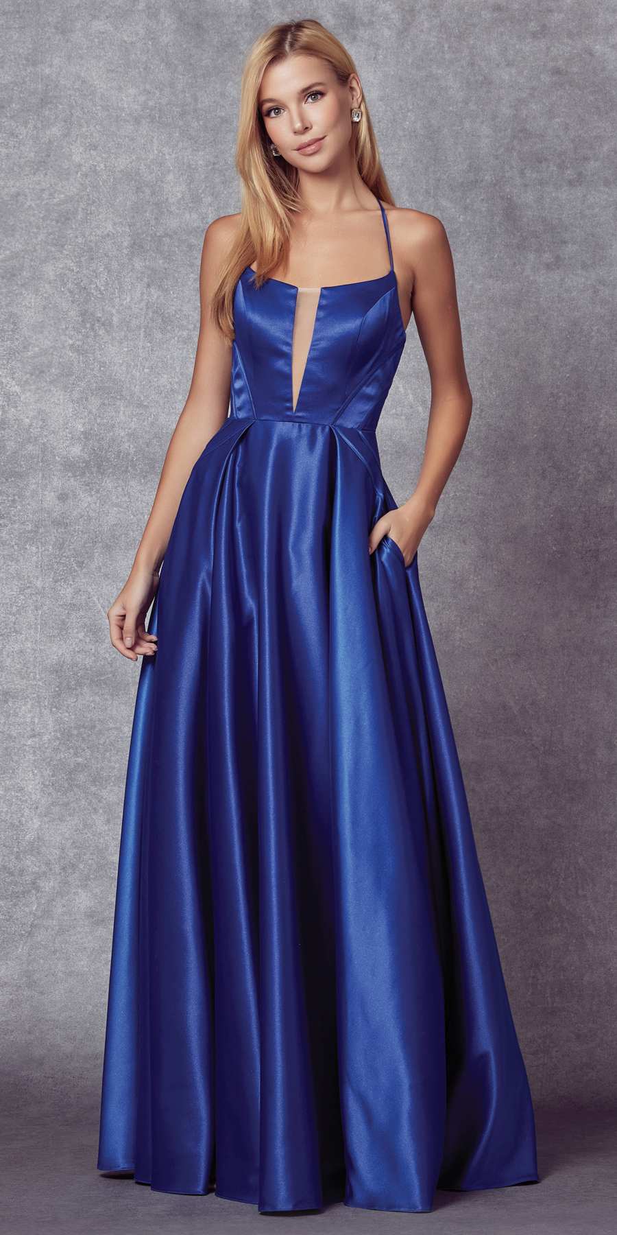 Juliet 687 Long Shiny Satin A-line Prom Gown with Pockets - Luzilly Bridal & Apparel
