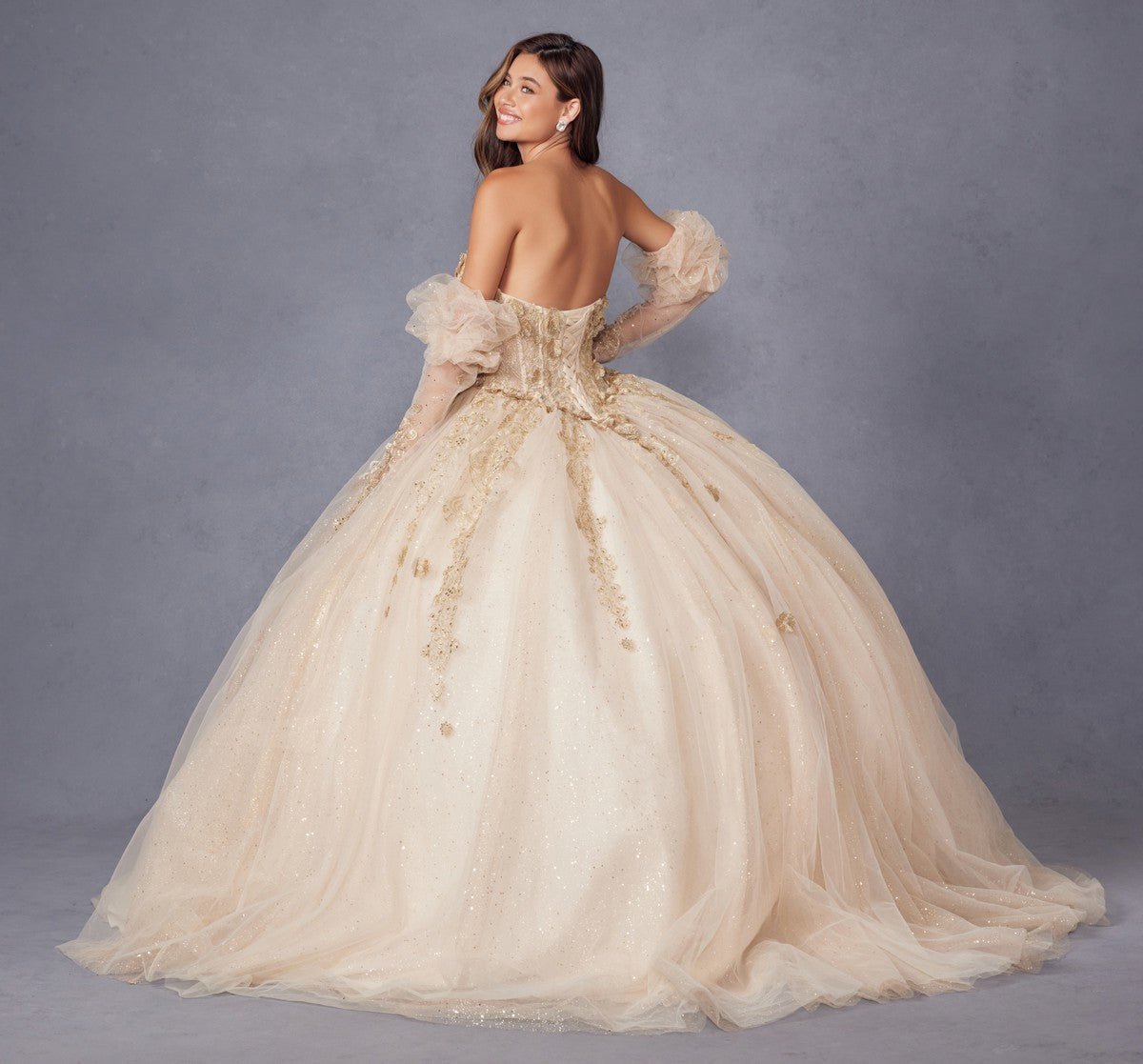 Juliet JT1465H Dress 3d Flowers Applique Puff Sleeve Quinceanera Dress - Luzilly Bridal & Apparel
