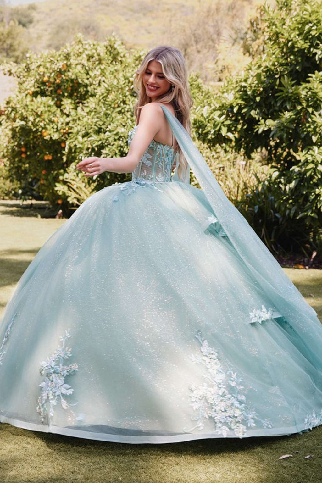 Juliet JT1466H Dress 3D Multi Floral Applique Cape Sleeve Quinceanera Gown - Luzilly Bridal & Apparel