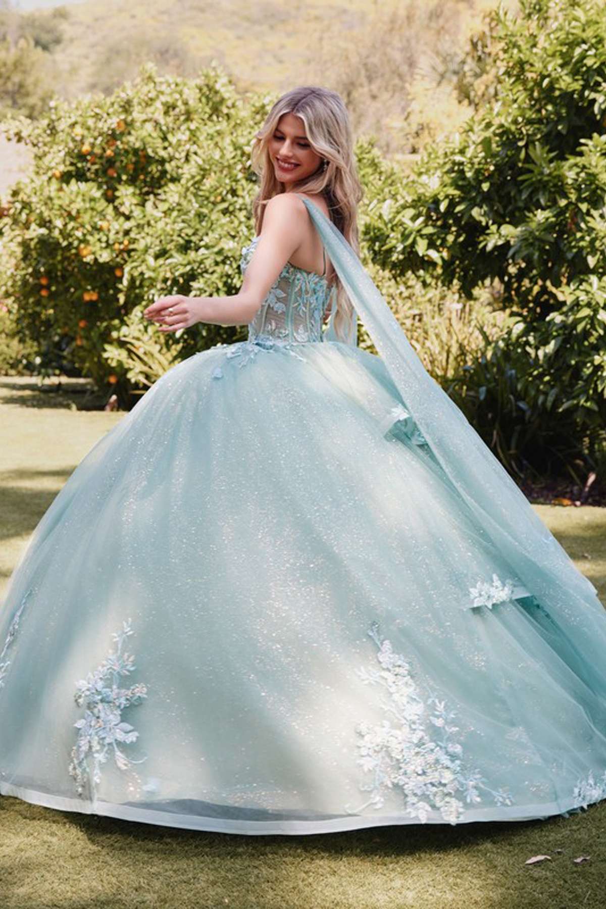 Juliet JT1466H Dress 3D Multi Floral Applique Cape Sleeve Quinceanera Gown - Luzilly Bridal & Apparel