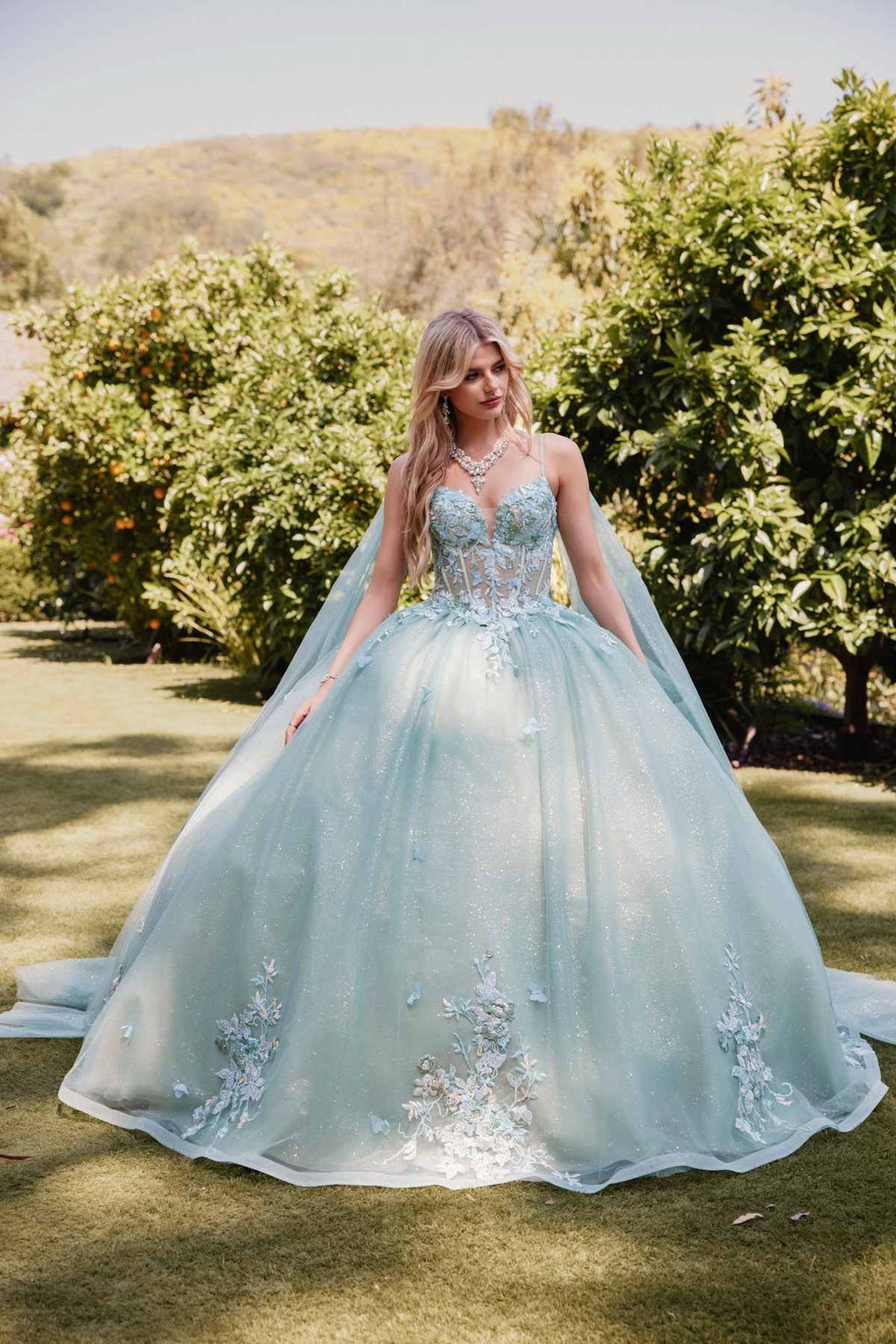 Juliet JT1466H Dress 3D Multi Floral Applique Cape Sleeve Quinceanera Gown - Luzilly Bridal & Apparel