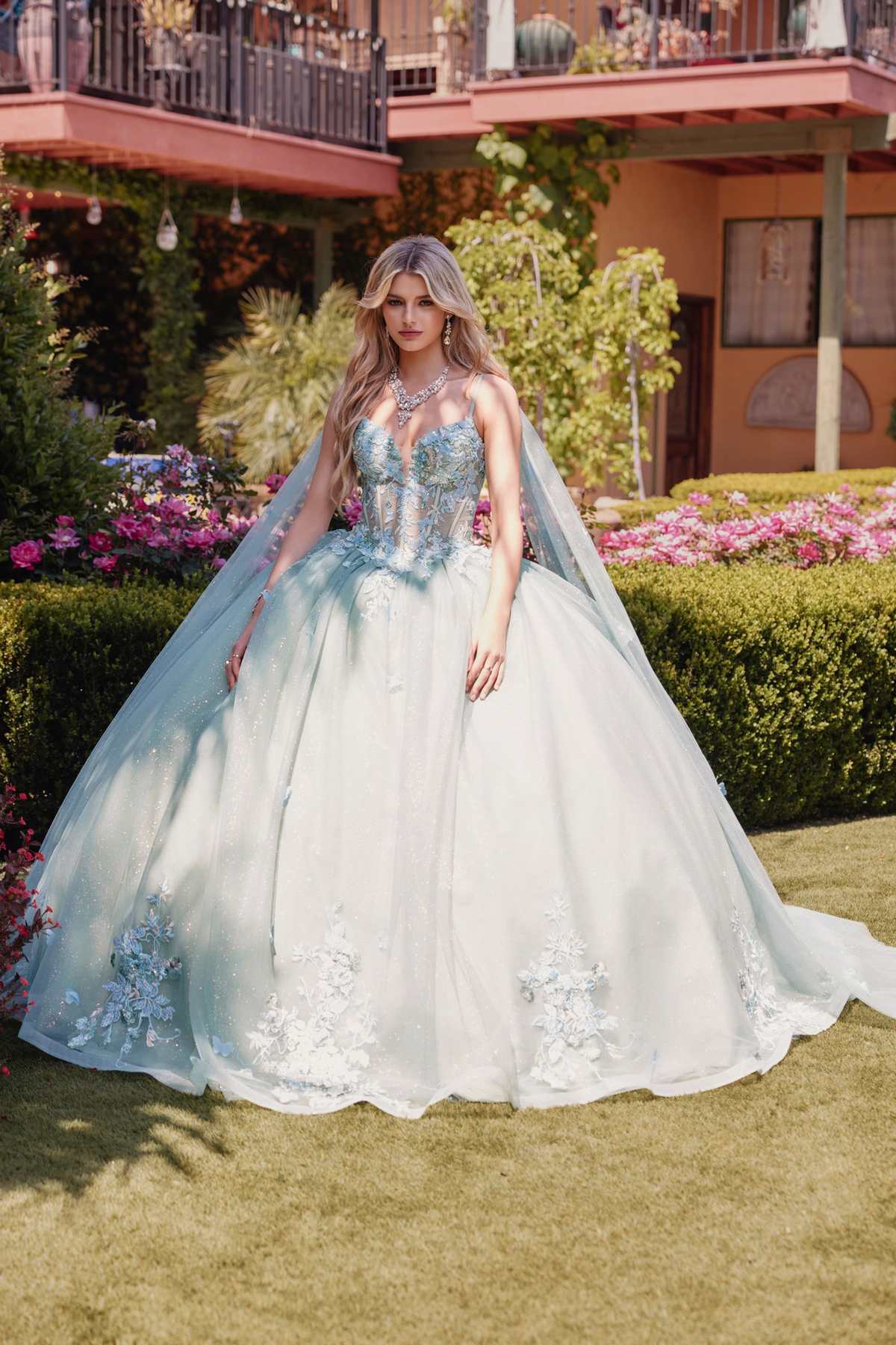 Juliet JT1466H Dress 3D Multi Floral Applique Cape Sleeve Quinceanera Gown - Luzilly Bridal & Apparel