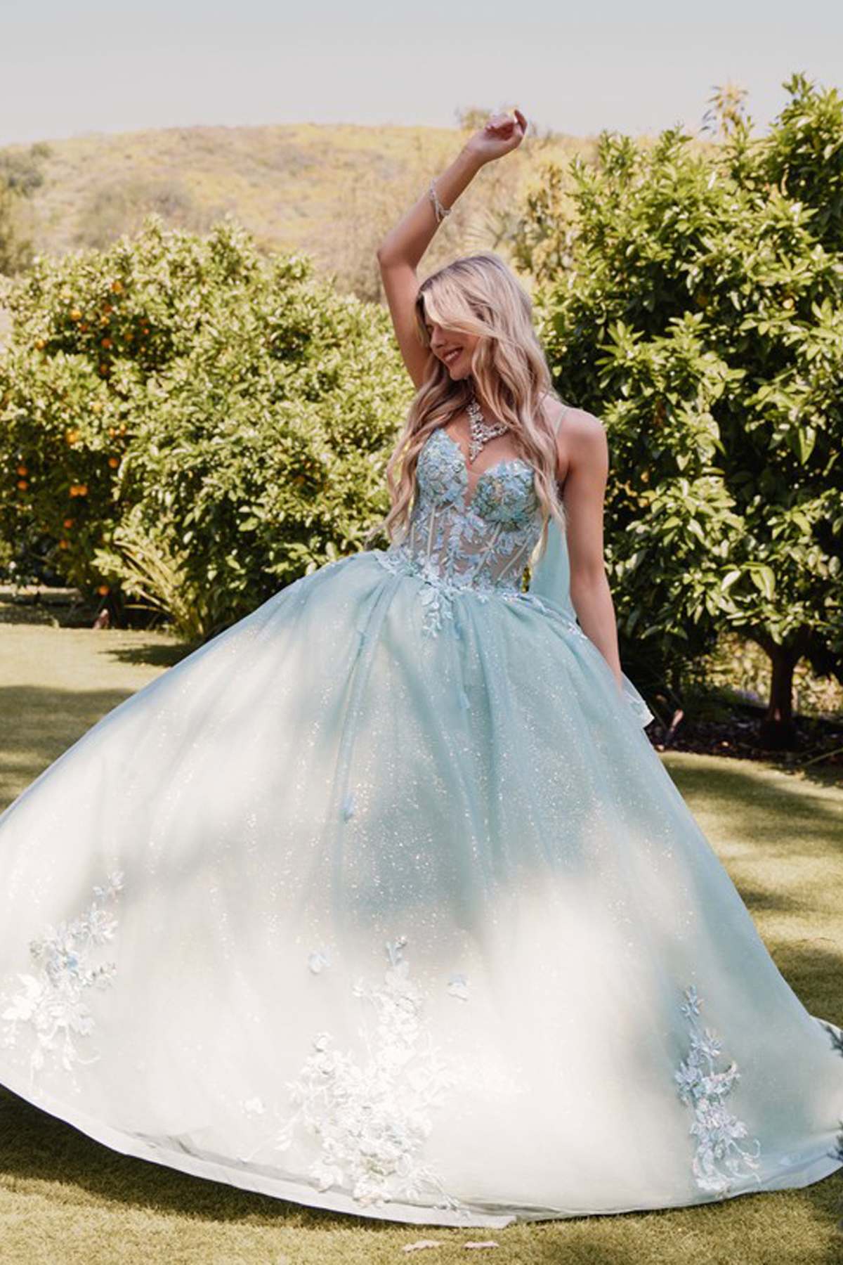 Juliet JT1466H Dress 3D Multi Floral Applique Cape Sleeve Quinceanera Gown - Luzilly Bridal & Apparel