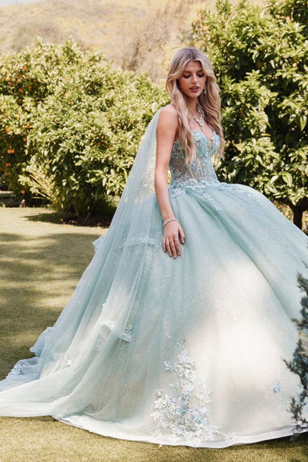 Juliet JT1466H Dress 3D Multi Floral Applique Cape Sleeve Quinceanera Gown - Luzilly Bridal & Apparel