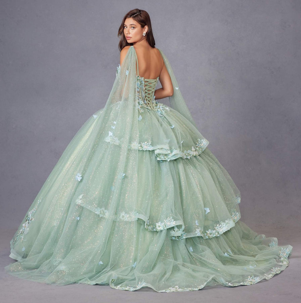 Juliet JT1466H Dress 3D Multi Floral Applique Cape Sleeve Quinceanera Gown - Luzilly Bridal & Apparel