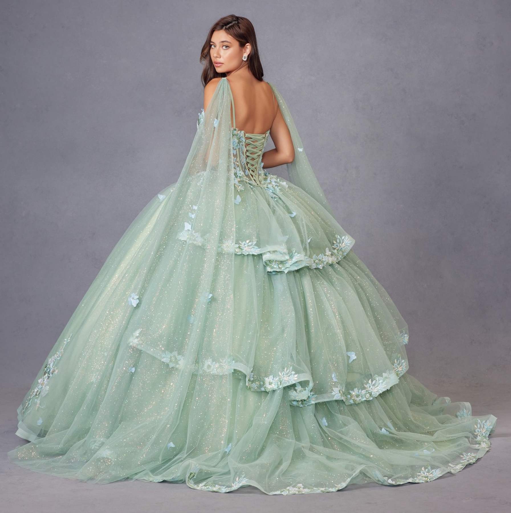Juliet JT1466H Dress 3D Multi Floral Applique Cape Sleeve Quinceanera Gown - Luzilly Bridal & Apparel